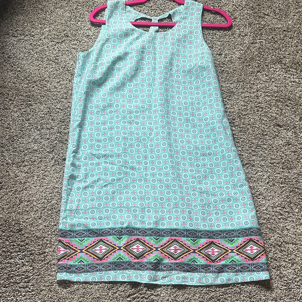 Skies Are Blue Aqua Sleeveless Dress with Multicolor Geo Border